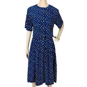 Vintage 80s Liz Roberts Navy Blue White Polka Dot Midi Button Front Shirt Dress